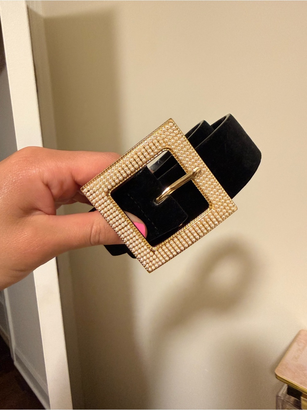 Zara Black Suede Belt with Pearl Gold Buckle